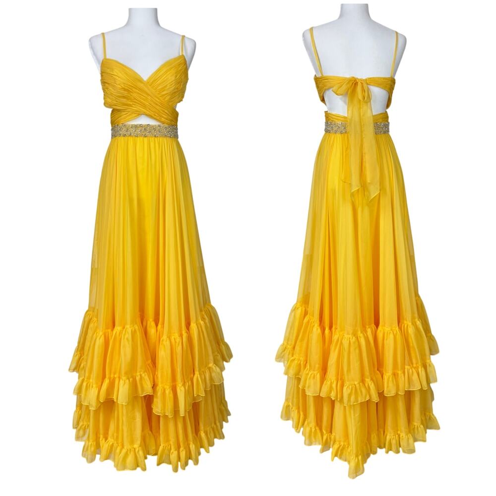 Mac Duggal NWT Mango Criss Cross Chiffon Cut-out Gown Embellished Tie Back Sz 2